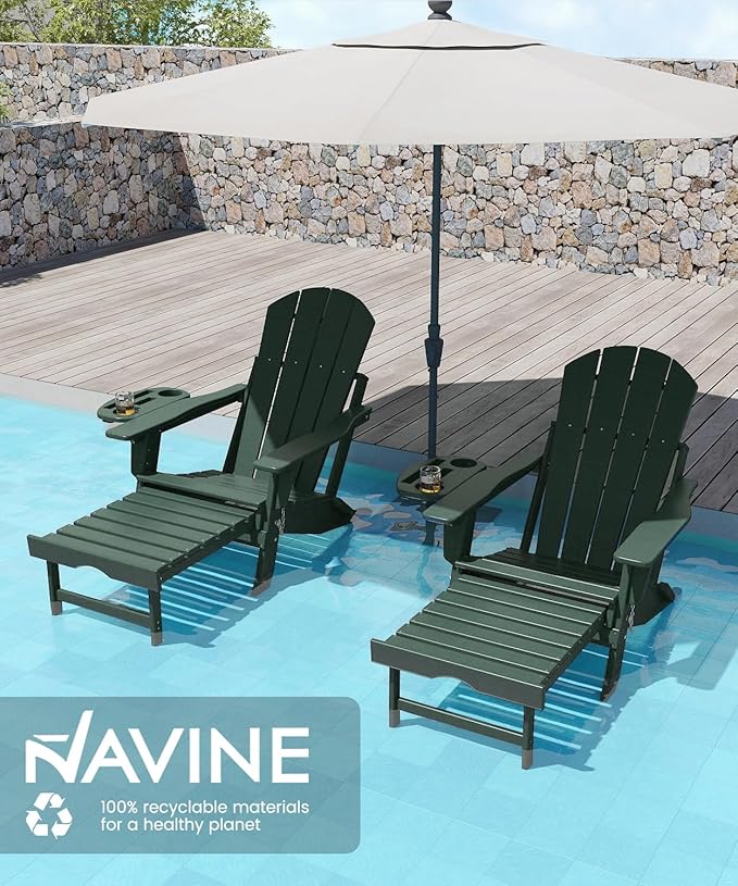 Adjustable Adirondack Chair with Retractable Ottoman Set of 4, HDPE Folding Adirondack Chair with Cup Holder, All Weather Fire Pit Chair for Outdoor, Dark Green