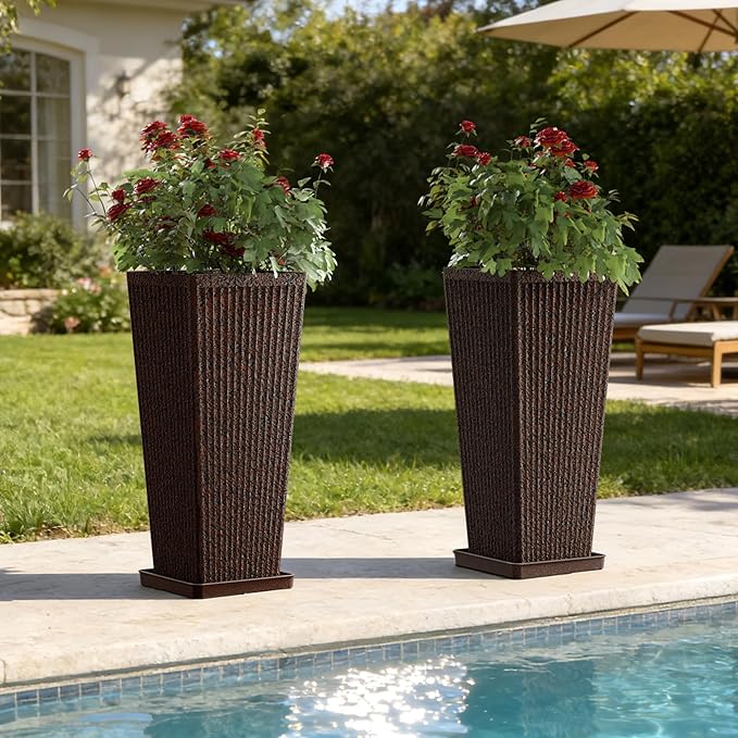 Trygoal Square Tall Planters for Outdoor Plants Set of 2-23.6" Heavy-Duty Classic Tapered Indoor Flower Pots with Drainage Holes/Partition/Tray, Large Outdoor Planters for Porch Patio Garden, Brown