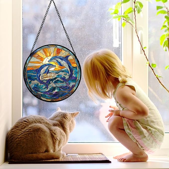DASTOLL Stained Glass Window Hanging, Blue Dolphin Sun Catchers Colorful Glass Panel Sunrise Sea View Suncatcher Decor for Birthday for Women, Men, Wife, Aunt, and Mom 11.8x11.8 in