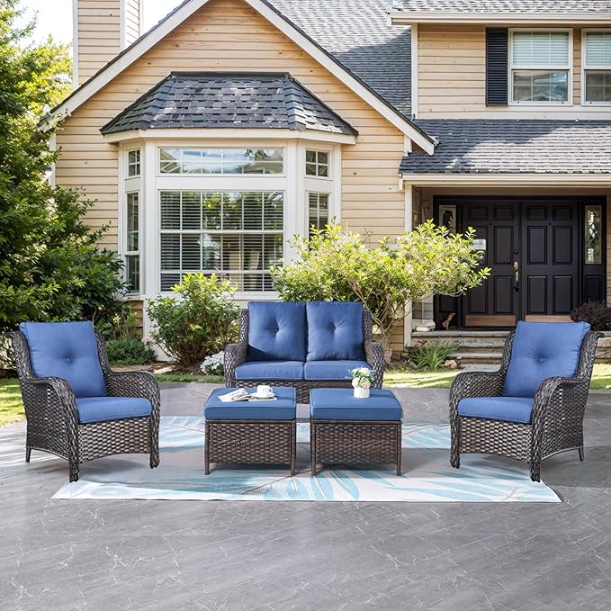 Belord Outdoor Wicker Furniture 5 Pieces Patio Furniture Set Patio Wicker Chairs with Ottomans Conversation Set for Porch Garden Deck Balcony Poolside
