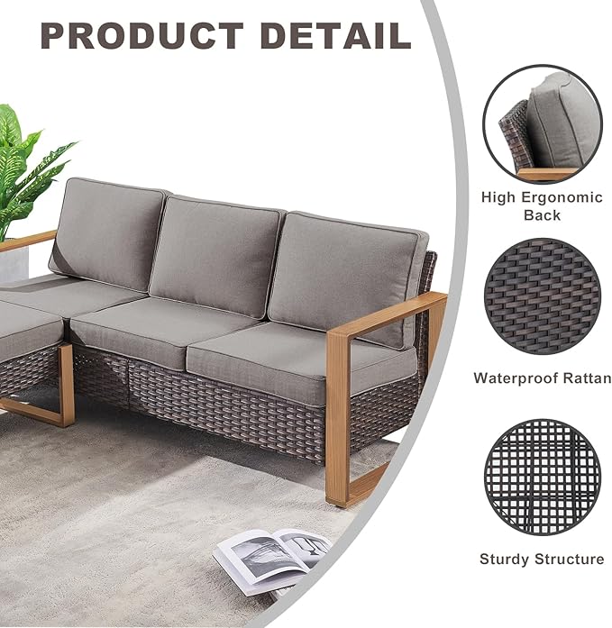 Rilyson Outdoor Wicker Patio Furniture Set - 7 Piece Patio Conversation Set with 4 Wicker Swivel Rocker Chairs,2 Rattan Ottoman and 1 Couch,Thick Cushions,Deep Seating,Wide Armrest(Brown/Grey)