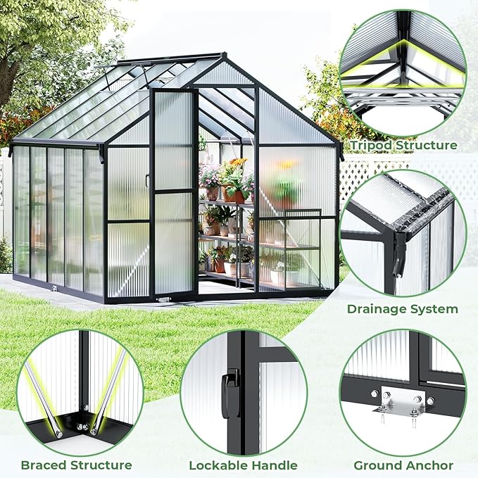 8x10FT Greenhouse for Outdoors, Galvanized Steel Frame Winter Green House w/ Adjustable Roof Vent, Lockable Door Handle &DrainageSystem, Walk-in Greenhouses for Outside Garden Backyard