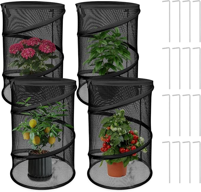 Zofylux 4 Pcs Pop Up Plant Cover Net,19”x 14”Round Foldable Plant Covers,Garden Plant Protectors with 16 Pcs Ground Stakes,Garden Mesh Covers for Outdoor and Indoor Plants