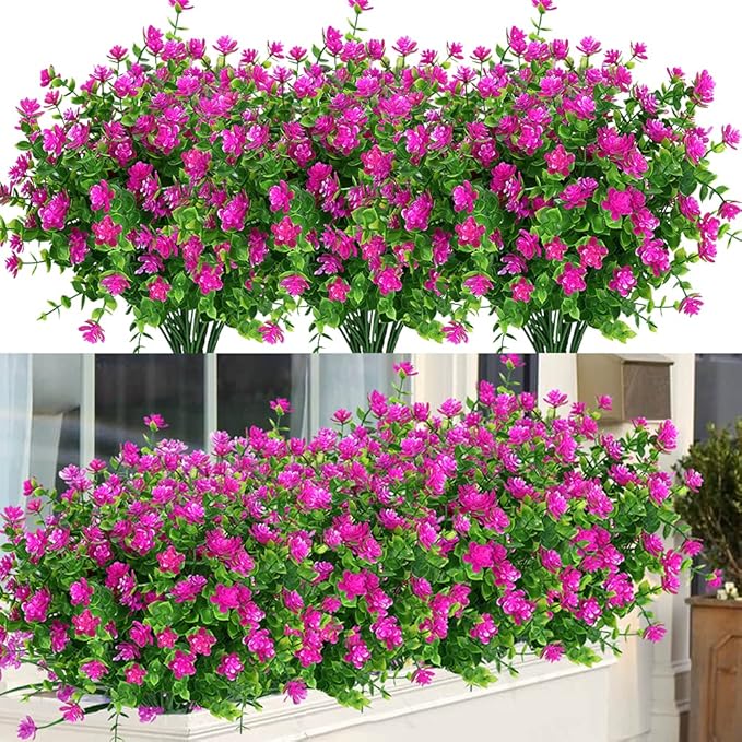 ArtBloom 24 Bundles Outdoor Artificial Flowers UV Resistant Fake Boxwood Plants, Faux Greenery for Indoor Outside Hanging Plants Garden Porch Window Box Home Wedding Farmhouse Décor (Magenta)