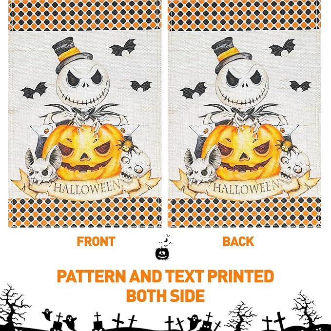 Halloween Jack Skellington Decorative Burlap Garden Flag, 12x18 Inch Double Sided Nightmare Before Christmas Pumpkin King Happy Halloween Small Vertical Flags,Outdoor Home Patio Porch Yard
