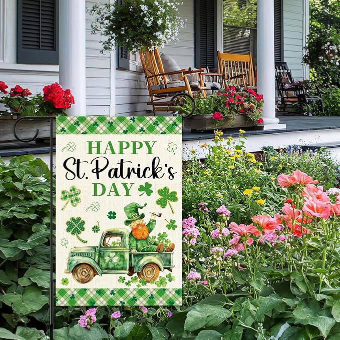 Happy St Patricks Day Garden Flag 12x18 Inch Double Sided,Leprechaun Shamrocks Truck Buffalo Plaid Outdoor Irish Decor House Porch Flag for St Patrick's Day Party and Yard Decorations