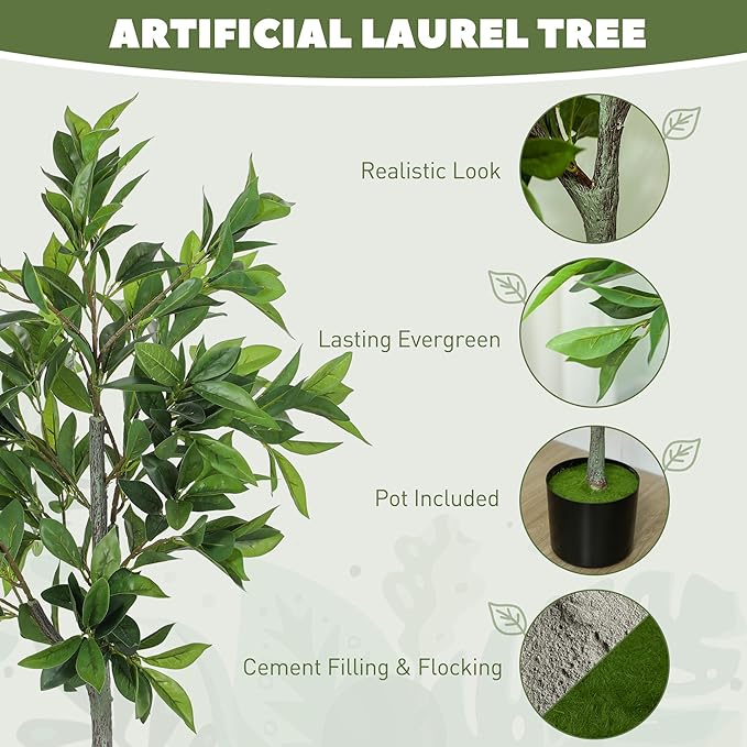 HOMCOM Lifelike Artificial Laurel Tree, 3FT Fake Tree with 345 PEVA Leaves and Flocked Soil, Potted Fake Plant for Home or Office Decor, Green