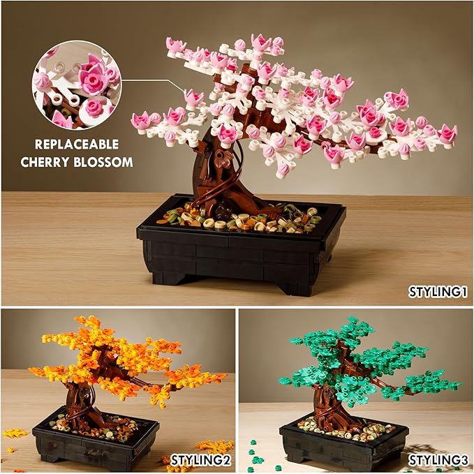 Vamuss 3-In-1Le-go Bonsai Tree Building Set,Cherry Blossom Tree Building Set,DIY Plant Model Botanical Collection Design Kit for Adults,Creative Gift for Home Décor and Office Art