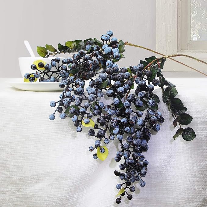 Rinlong 2Pcs Artificial Blueberries Fake Berries Stems Hanging Spray Frosted Blueberry Fall Floral Picks for Wreath Thanksgiving Decoration
