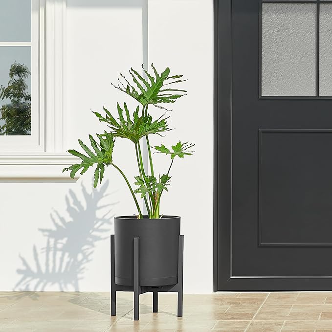 FaithLand 14-Inch Large Modern Cylinder Planter, Thick-Walled Plastic Plant Pot with Drainage Holes and Detachable Saucer, Matte Black, Ideal for Indoor & Outdoor Plants Flowers