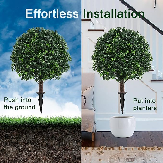 Chillchard Set of 2 Artificial Boxwood Ball Trees for Outdoor with Spike, UV Resistant Faux Topiary Ball, Fake Plants Greenery Round Shrubs Bushes for Entryway Front Porch Decor
