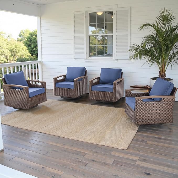 Rilyson 4 Piece Outdoor Patio Swivel Rocking Chairs, All Weather Wicker, Metal Armrest, Deep Seating, Thick Comfortable Cushions, Ideal for Deck Porch Backyard, Brown/Blue