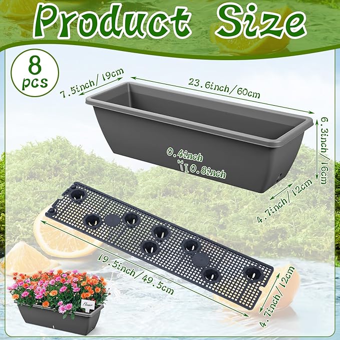 8 Pack 24 Inches Plastic Flower Window Box Planters with Water Absorbing Net Drainage Holes & Visible Water Level Window, Rectangular Vegetable Flower Pots for Indoor Outdoor Garden(Gray)