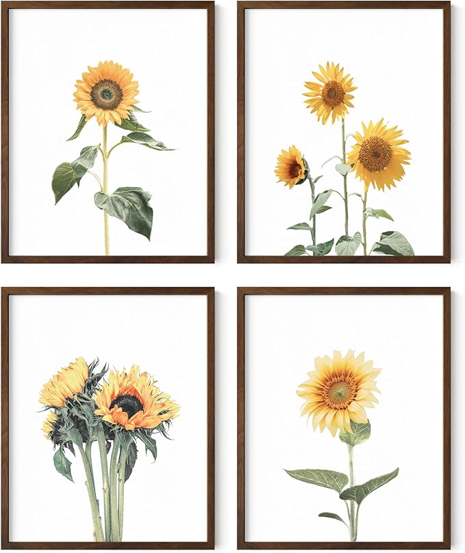 HAUS AND HUES Sunflower Wall Decor - Set of 4 Framed Flower Posters, Yellow Floral Art Prints, Collage Wall Art for Bedroom, Botanical Paintings and Room Decor (Framed Walnut, 8x10)