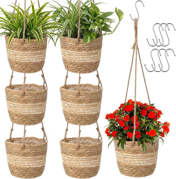 6 Pcs Seagrass Hanging Planter Basket Hand Woven Plant Basket with Plastic Liners Hanging Plant Holder Storage Containers with Cotton Rope for Indoor Outdoor Garden Home Decor(Beige)
