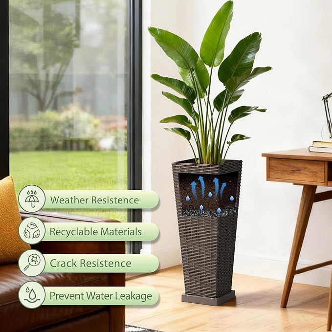 Set of 2 Tall Plastic Planters with Saucer, 24 Inch Height Pots with Drainage Trays, Brown