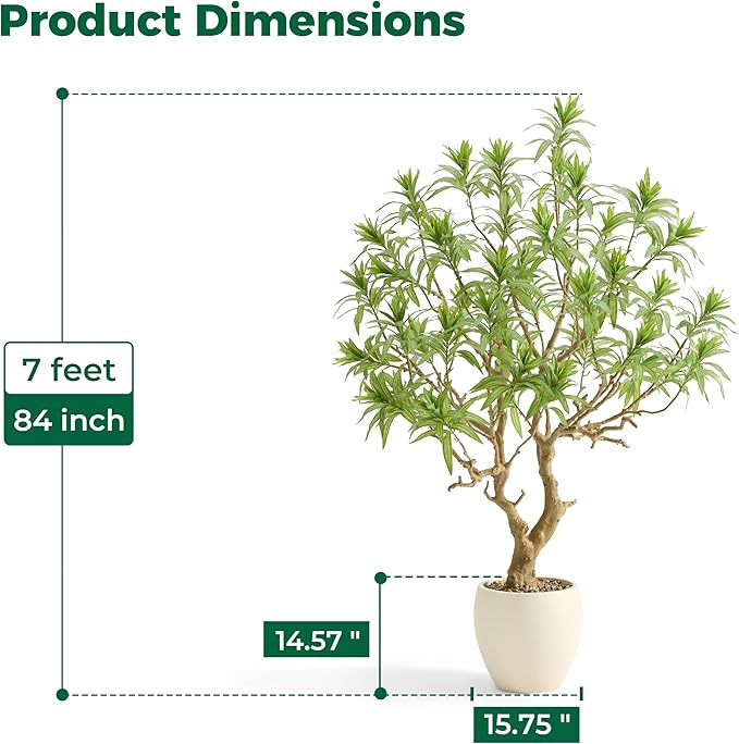 FloraFairy 7 Feet Artificial Dracaena Reflexa, Large Faux Tree with White Pot, Tall Dracaena Tree, Fake Plants for Home & Office Decor, Realistic Wood Trunk and Lifelike Leaves