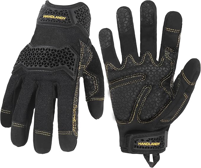 HANDLANDY Mens Work Gloves Touch screen, Utility Mechanic Gloves, Flexible Breathable Fit- Padded Knuckles & Palm