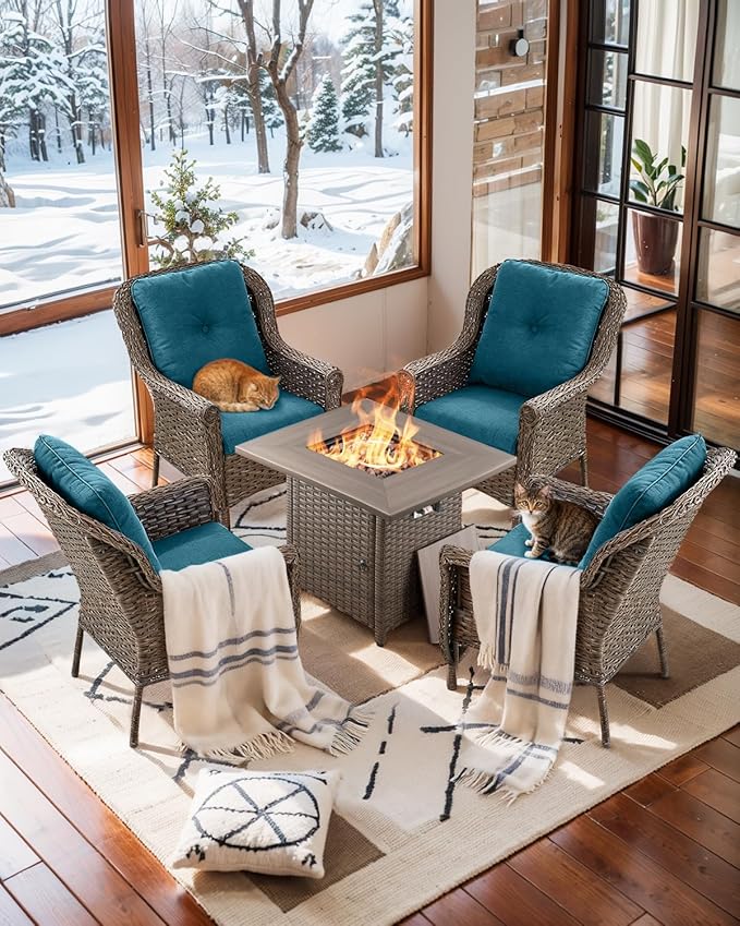 Outdoor Patio Chairs with Fire Pit Table 5 Piece Set - High Back Brown Wicker Rattan Lawn Chair with Thick Cushion for Porch Apartment Deck Yard Poolside Garden - Peacock Blue