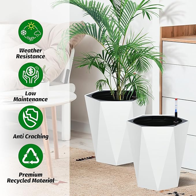 GarveeLife 16 in Tall Diamond Planters Set of 2, Self Watering Planters with Water Level Monitor, Flower Pots Outdoor and Indoor for Patio, Porch, Living Room, Home Office, White