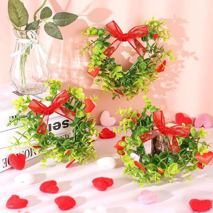 6 Sets Valentine's Day Heart Wreath Artificial Red Berries Heart Swag Kitchen Cabinet Wreaths Hanging Valentines Day Wreaths for Front Door Window Wedding Birthday Home Decoration