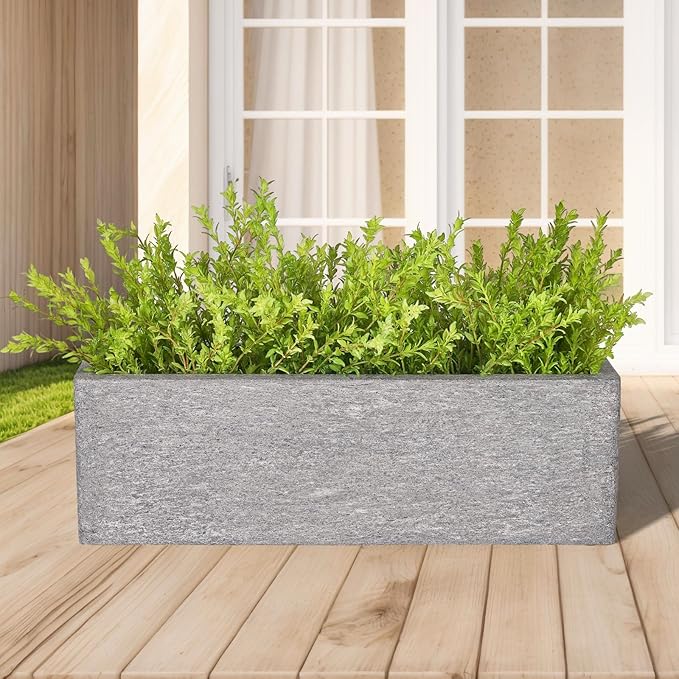 TerraDeco 24 Inch Rectangular Concrete Planter,Durable All-Weather Use with Drainage Holes,Large Rectangular Planter for Outdoor Indoor Plants