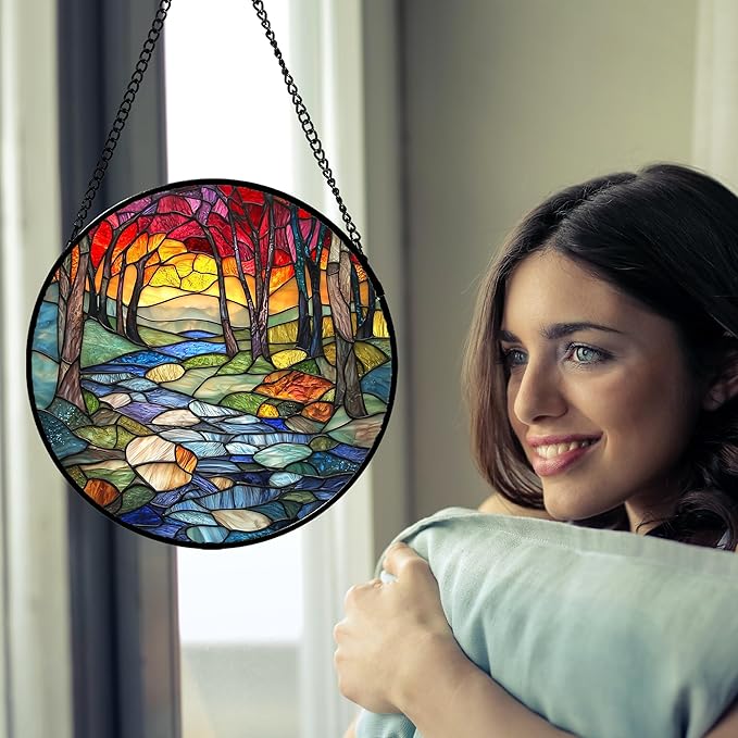 Stained Glass Window Hanging, Red Tree Abstract Sunset Lake Sun Catcher for Window Home Decor Landscape Suncatcher Mother's Day Birthday Gifts for Women Men Mom and Nana 11.8 in