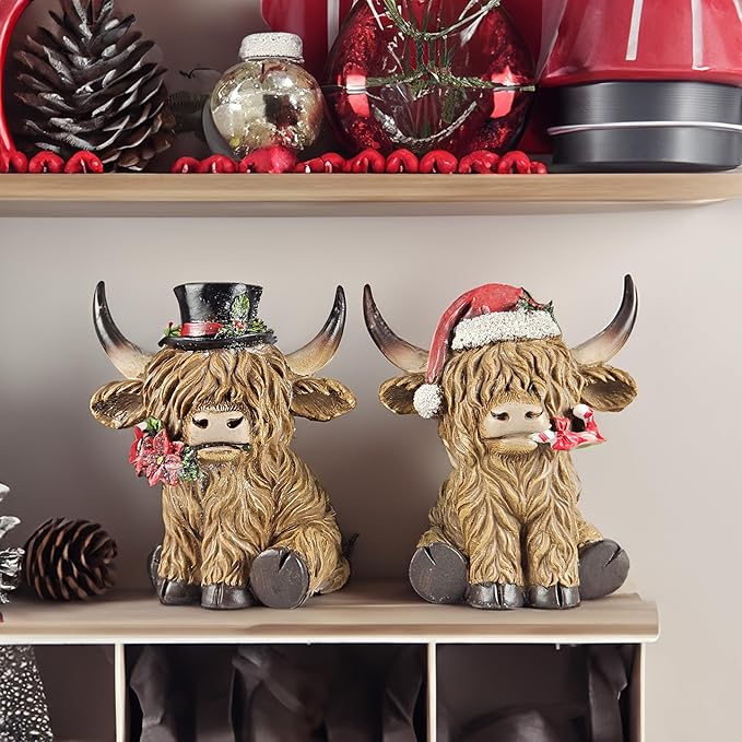 Holiday Scottish Highland Cows - Set of 2 | Resin Home Decor with Christmas Santa Hat Accents | Seasonal Xmas Decor for Centerpiece, Mantel, Kitchen, Dining Room, and More | 4 ½ inches tall
