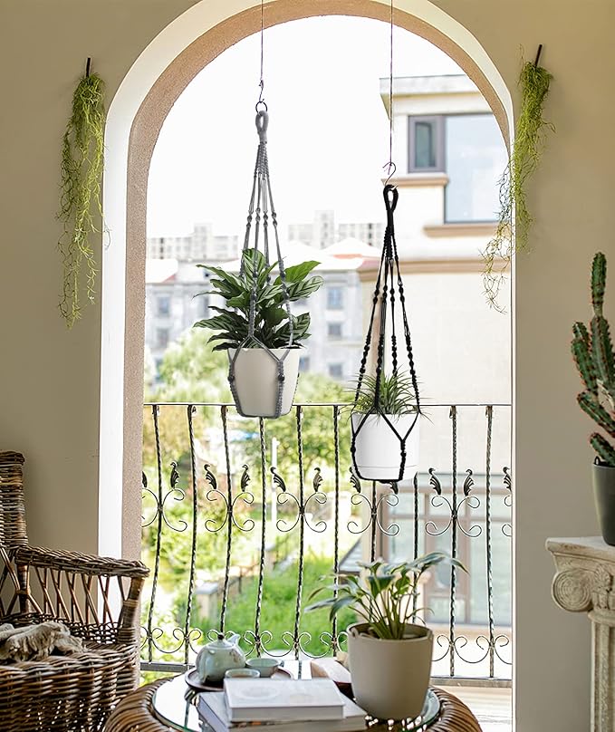 BlueMake Macrame Plant Hanger Indoor Hanging with Wood Beads Macrame Planters No Tassel for Indoor Outdoor Boho Home Decor 35 Inch (Gray,1pc)