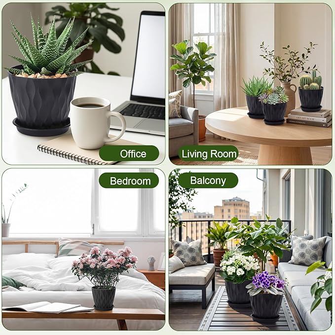 Acellegic 24 Pack 4 Inch Small Pots for Succulents, Waffle Texture Pots with Tray, Plastic Planter with Drainage Holes and Saucers, for Indoor Outdoor Plants Flowers, Seedlings (Black)