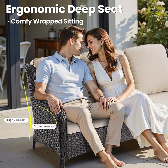 ovios 8 Pieces Patio Furniture Set, Outdoor Wicker Sofa Couch with Swivel Chairs 42" Fire Pit Table, High Back Modern All Weather Conversation Sets, Brown Rattan, Beige