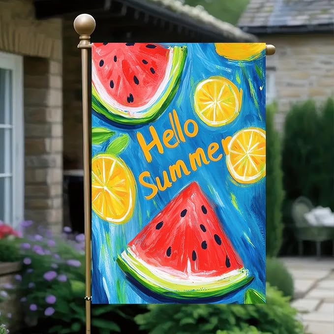 Hello Summer Garden Flag Double Sided 12 x 18 Fruity Watermelon Lemon Juice Small Decorative Farmhouse Yard Seasonal Decor Outdoor Outside