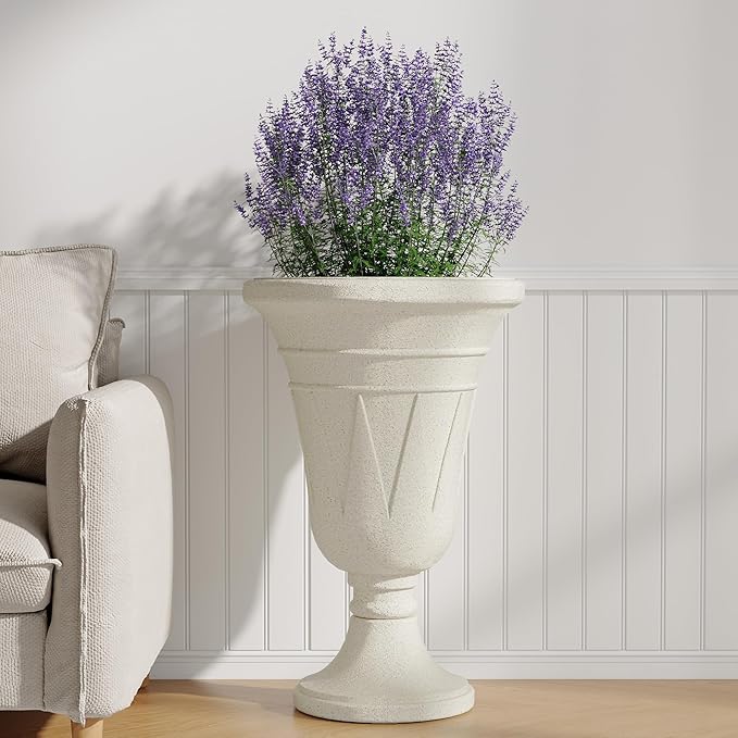 seethmi 23" Tall Planters for Outdoor Plants Set of 2, Planter with Drainage Holes and Trophy Design, Large Outdoor Planters for Porch, Garden, Beige