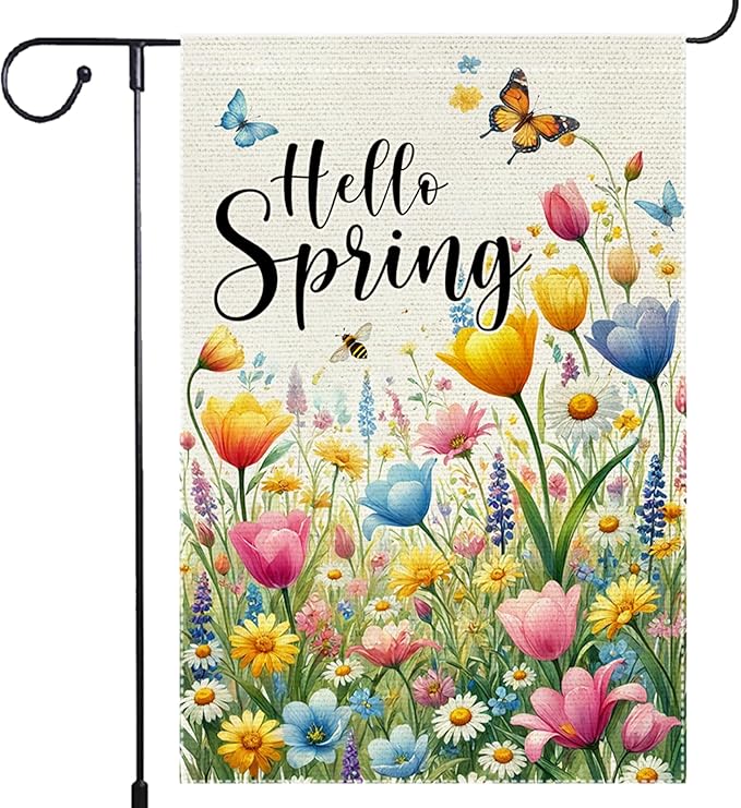Hello Spring Summer Tulip Garden Flag 12x18 Inch Double Sided Bee Flowers Butterfly Colorful Floral Small Burlap Yard House Seasonal Farmhouse Outside Spring Decor Flags