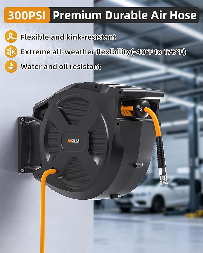 Retractable Air Hose Reel, 3/8" x 80Ft Flex Hybrid Air Hose Max 300PSI Kink-resistant Air Compressor Hose Reel Auto Rewind with 6Ft Lead in, Quick Connect, 180° Swivel Mounting Kit.