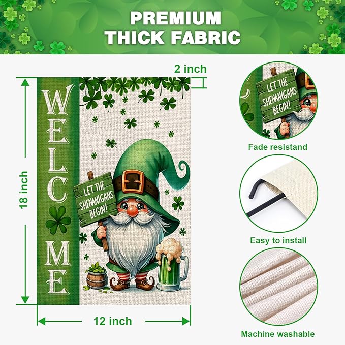 St Patricks Day Welcome Garden Flag 12x18 Inch Double Sided Gnome Lucky Shamrocks Clovers Outside Small Flag for Yard Outdoor Holiday Decoration