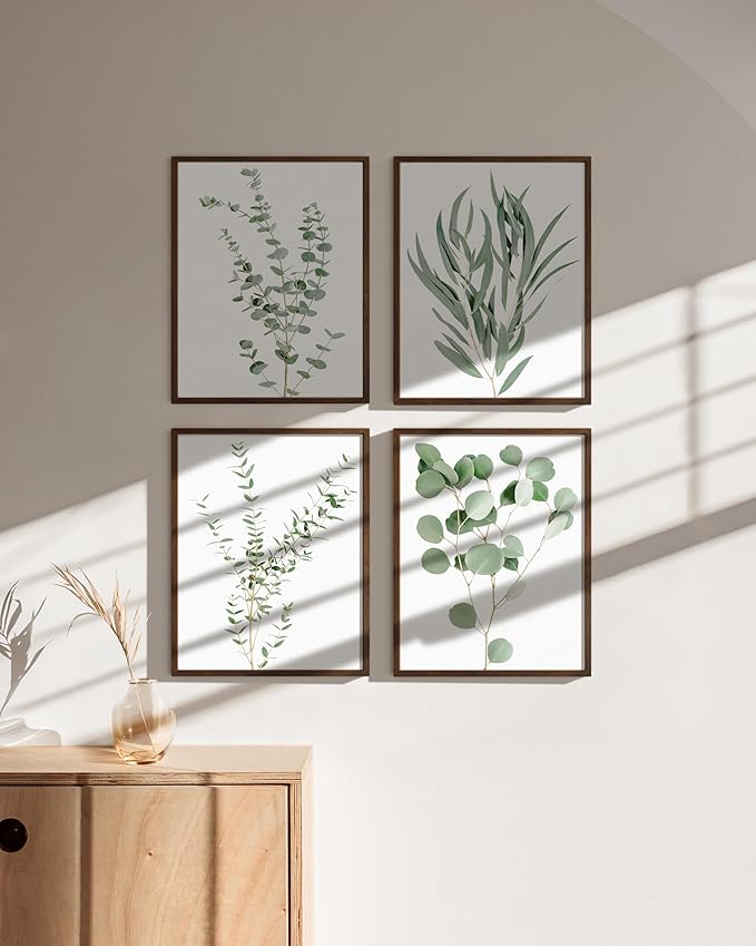 HAUS AND HUES Botanical Plant Wall Art Prints - Set of 4 Decor Floral Kitchen Flower Leaves Boho Leaf Eucalyptus Green Poster (11x14, Walnut Framed)