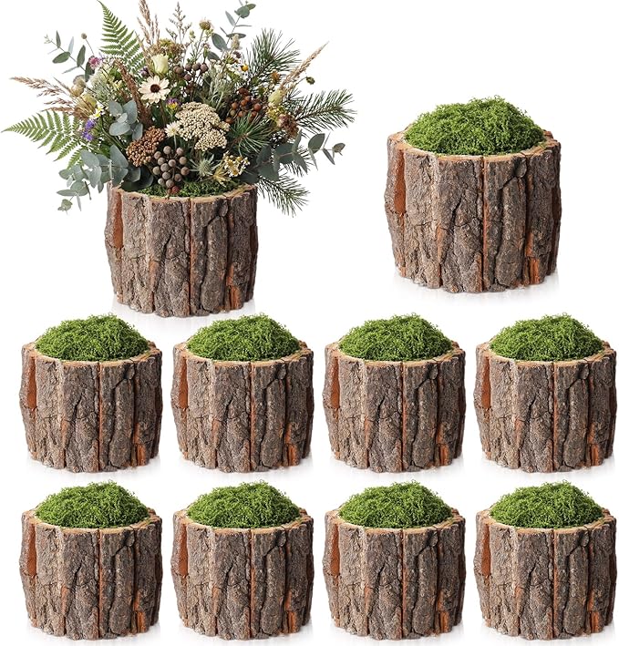 8 Set Wooden Vase for Centerpieces Wooden Flower Vase with Fake Green Moss Rustic Bark Stump Buckets Vintage Wood Planter Pots for Woodland Party Wedding Window Home Farmhouse Table Decor