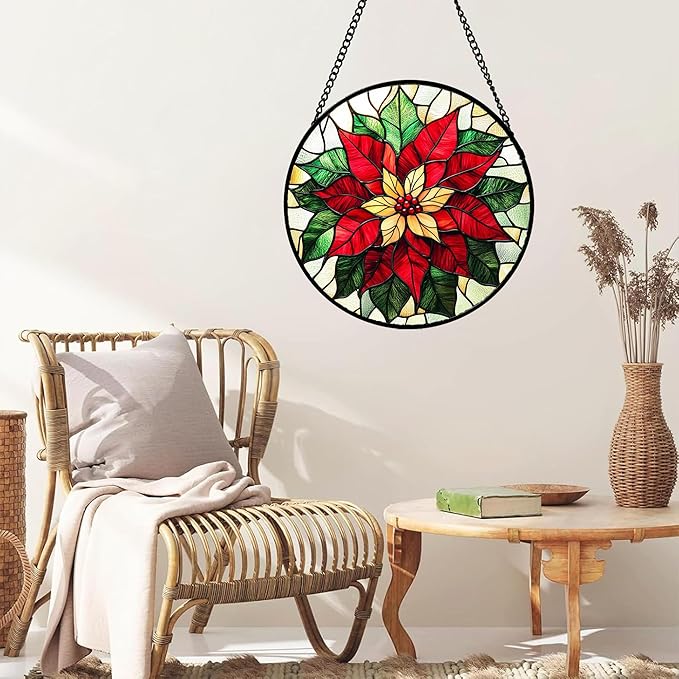 AMDERVEN Stained Glass Window Hanging - Red Poinsettia Birth Flower Sun Catcher for Door Garden Home Decor Suncatcher Christmas Mother's Day Birthday Gifts for Women Men Mom Girl Nana Friend 15 in
