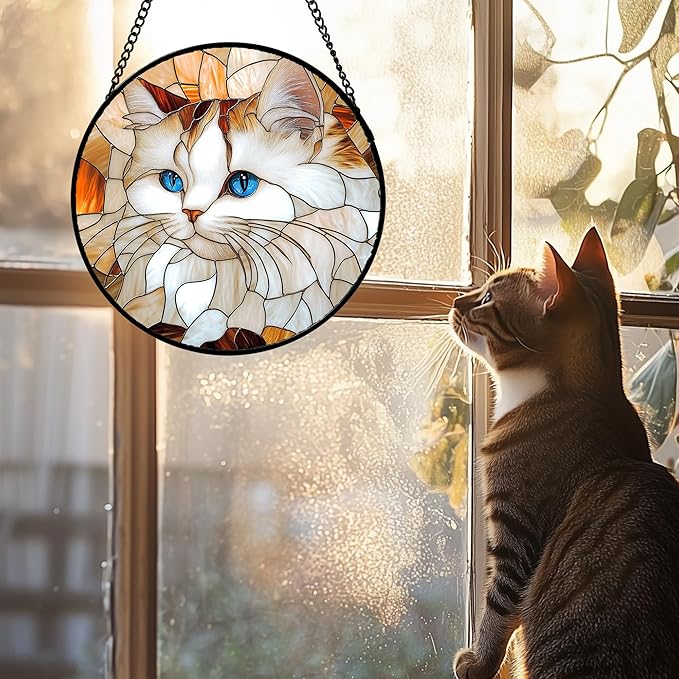 Stained Glass Window Hanging 4 Pcs Set Cute Cat and Dog 7.8" - Animal Suncatcher Door Garden Sun Catcher Decor Birthday Mother's Day for Mom Woman Nana Girl Boy Friend