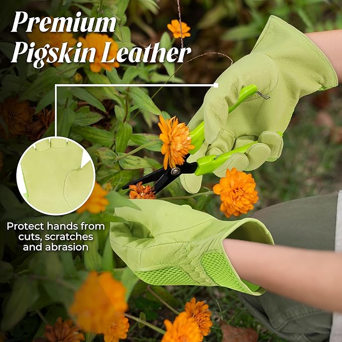 HANDLANDY Work Gloves for Women, Breathable Leather Gardening Glove for Yard Maintenance, Hand Protection with Touch Screen for Gardeners, Farmers