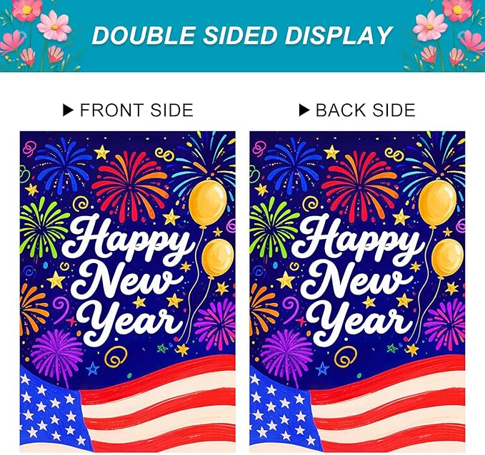 Happy New Year House Flag 28x40 Inch American Flag Fireworks and Balloons Design Garden Flag Patriotic Holiday Outdoor Yard Decoration Celebration Banner for Home Porch Lawn