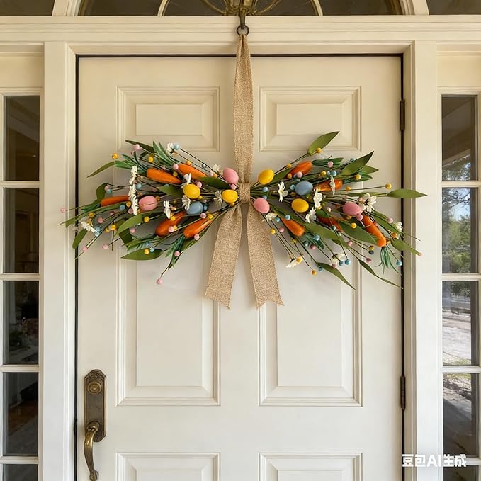 22'' Easter Swag Wreath with Carrots and Easter Eggs for Front Door Artificial Spring Floral Teardrop Swag with White Daisy Flower for Farmhouse Kitchen Cabinet Porch Wall Window Cabinets Wedding Arch