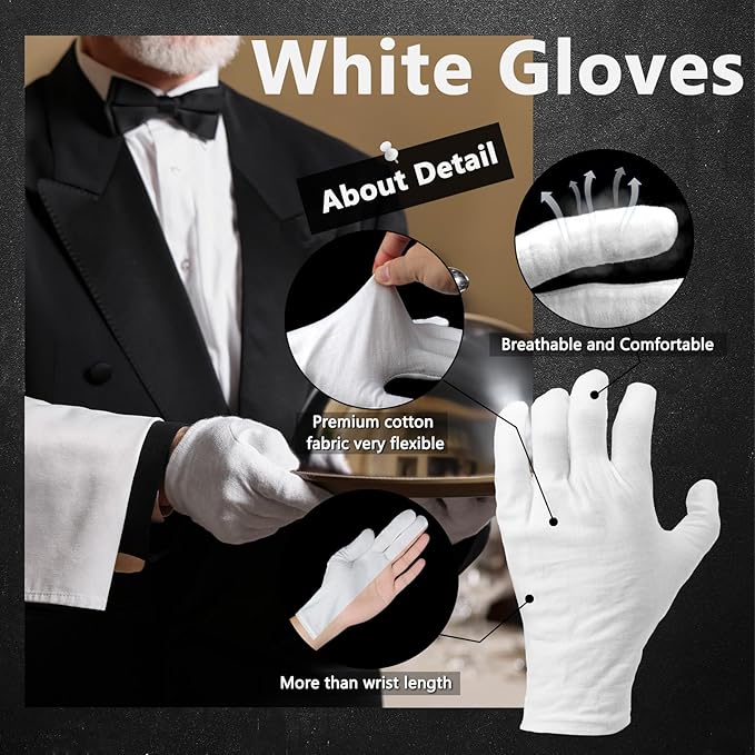 12 Pairs White Cotton Gloves Soft Cloth Dust Hand Gloves Work for Men Women Art Crafting Handling, Eczema, BBQ, Coin Jewelry Watch Inspection, Dry Hands Sleeping, Archival, Large