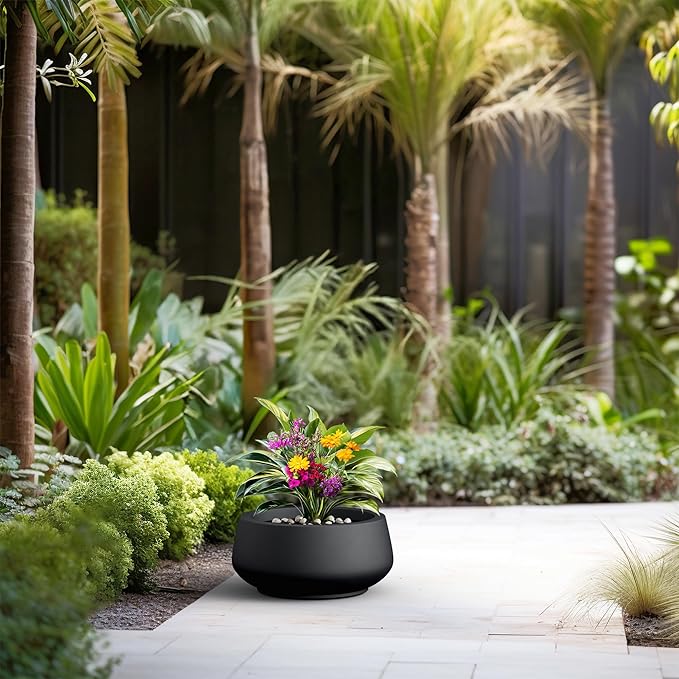 Kante 16.9" Dia Round Concrete Bonsai Planters, Outdoor Indoor Garden Plant Pot with Drainage Hole for Home, Patio, Garden, Black