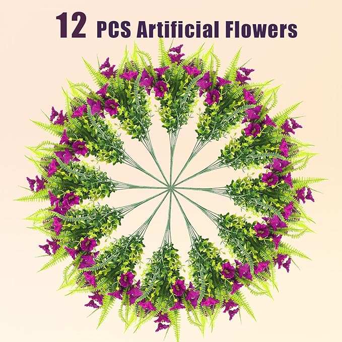 HIAGROW Artificial Flowers Outdoors 12 Bundles Artificial Petunias Fake Flowers UV Resistant Shrubs Plants with Fern for Indoor Outside Hanging Planters Home Garden Summer Decorations (Magenta)