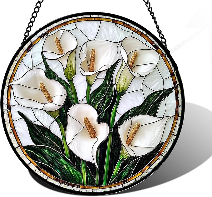 DASTOLL Stained Glass Window Hanging, White Calla Lily Flowers Sun Catchers Glass Panel Plant Suncatcher Decor for Birthday for Women, Men, Wife, Aunt, and Mom 9.8 in