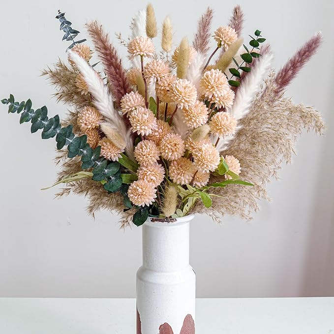 RoseTalk Simulation Flower Decor Luxury Faux Flower Arrangements – Realistic Artificial Flowers with Beige & White Peonies, Dried Pampas Grass, Bunny Tails & Eucalyptus