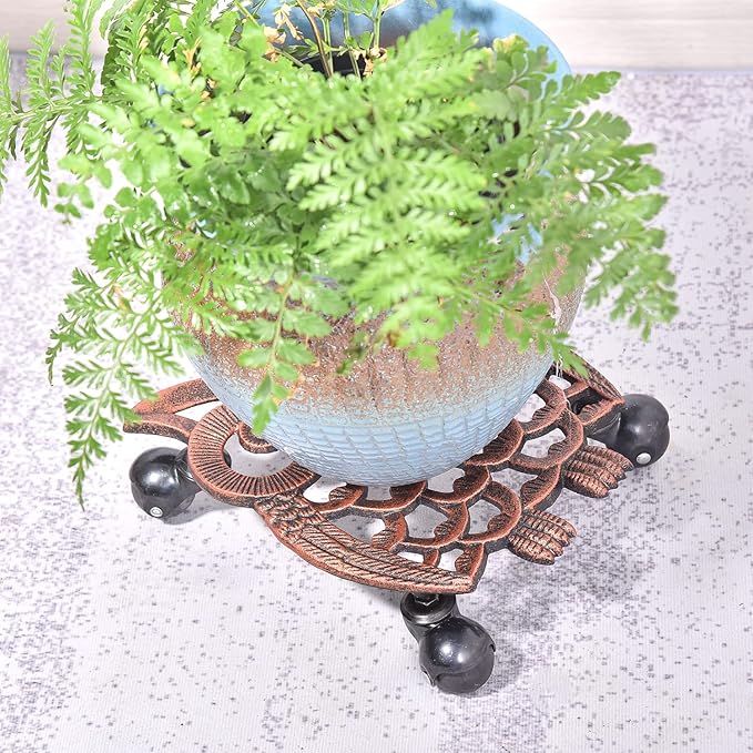 Sungmor Heavy Duty Cast Iron Plant Caddy with Wheels - 2 Pack Vintage Owl Design Plant Stand, Metal Rolling Plant Tray for Indoor & Outdoor Use - 11 Inch, Antique Bronze