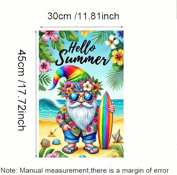 Hello Summer Garden Flag Beach Gnome Flag 12x18 Inch Double Sided Welcome Summer Holiday Yard Flag Outside Decoration Farmhouse Outdoor Small Decor